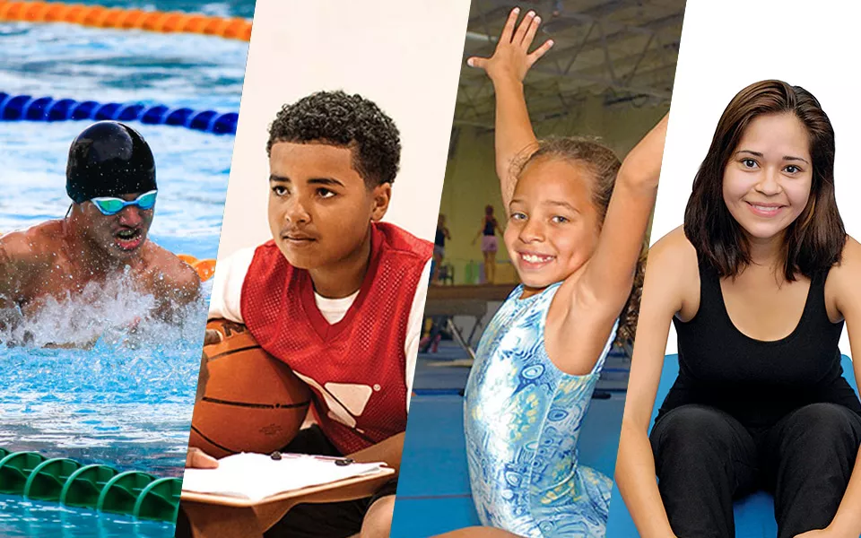 Man swimming, kids playing basketball, a gymnast and a woman on a training mat.