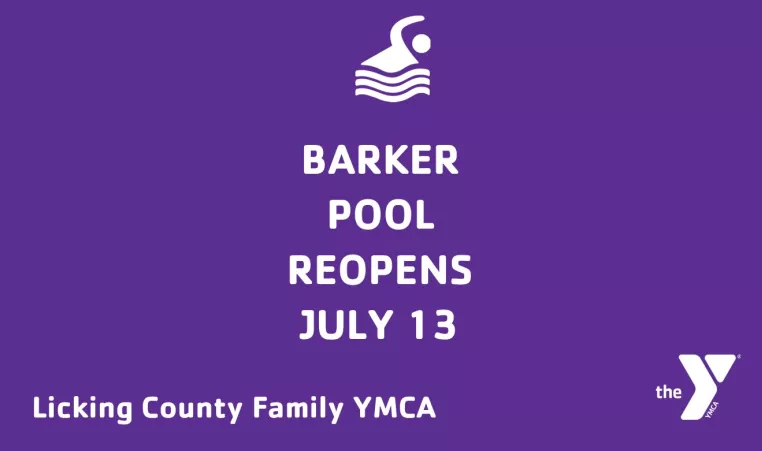 Barker Pool Reopening Announcement on a purple background